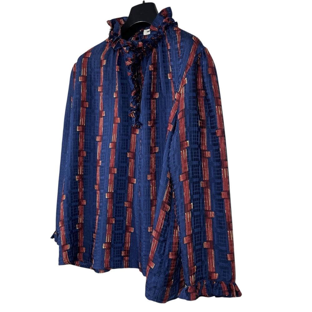 Warm by Tracy Feith 100% Silk Luxury Blouse Womens S Navy Blue Ruffle Top - Picture 3 of 9